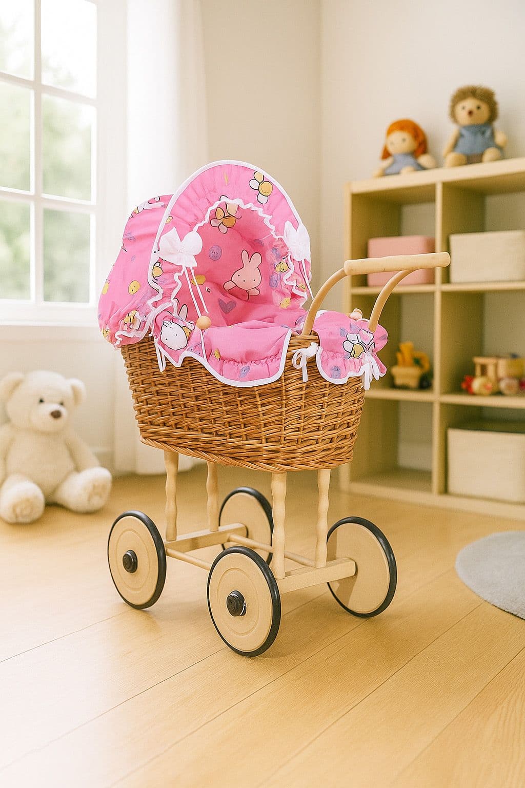 Wicker Doll Pram Natalia, Natural, with Doll Bedding