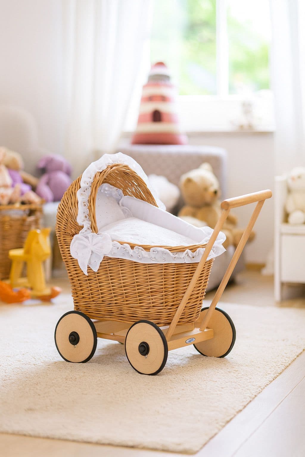 Wicker Doll Pram Aurora, Natural - White Bedding