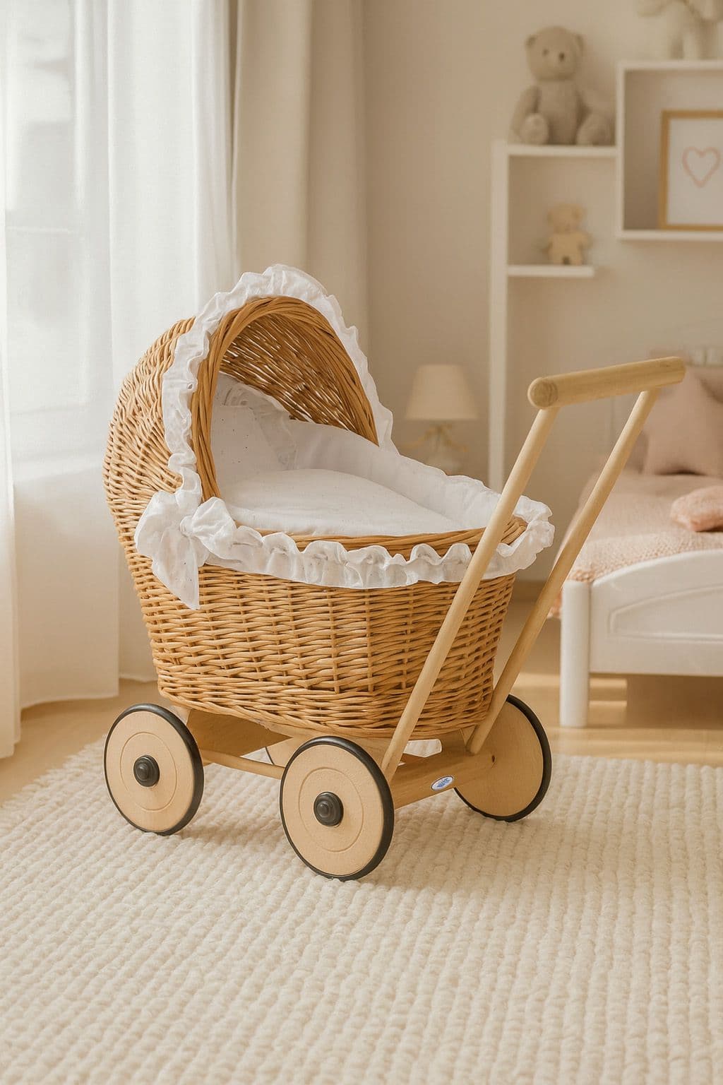 Wicker Doll Pram Aurora, Natural - White Bedding